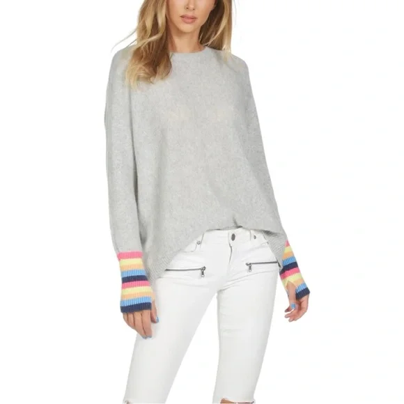 Michael Lauren 100% Cashmere RUPERT LE DRAPED SWEATER Gray Sweater Striped Cuffs